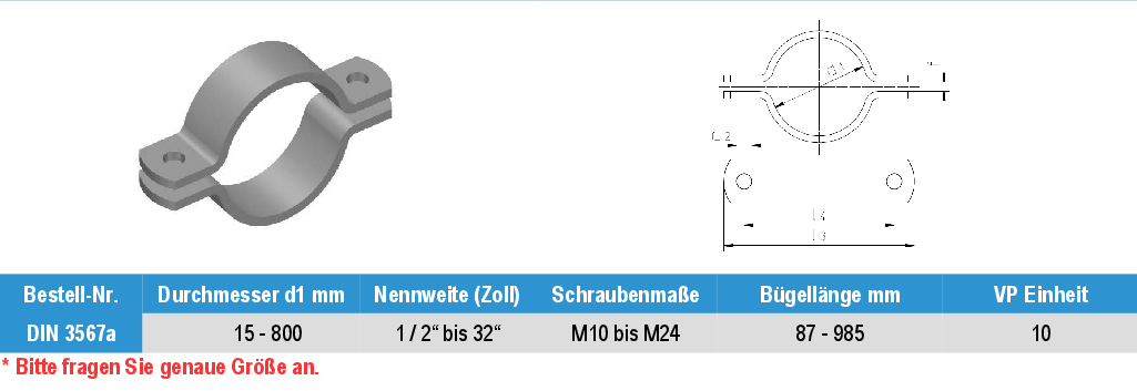 Rohrschelle DIN 3567 Form A  Edelstahl A2, A4  Rohrschelle DIN 3567 Form A  Edelstahl A2, A4