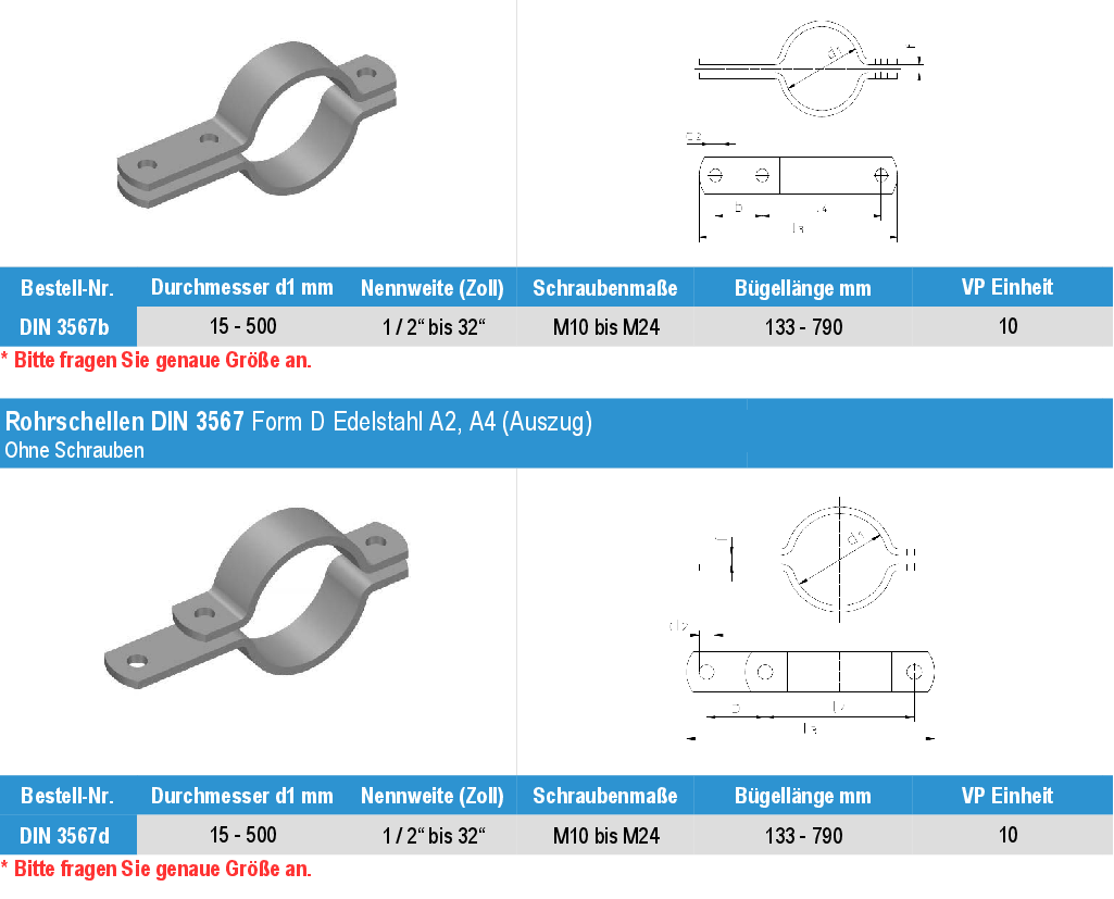 Rohrschelle DIN 3567 Form B,D Edelstahl A2, A4 Rohrschelle DIN 3567 Form B,D Edelstahl A2, A4